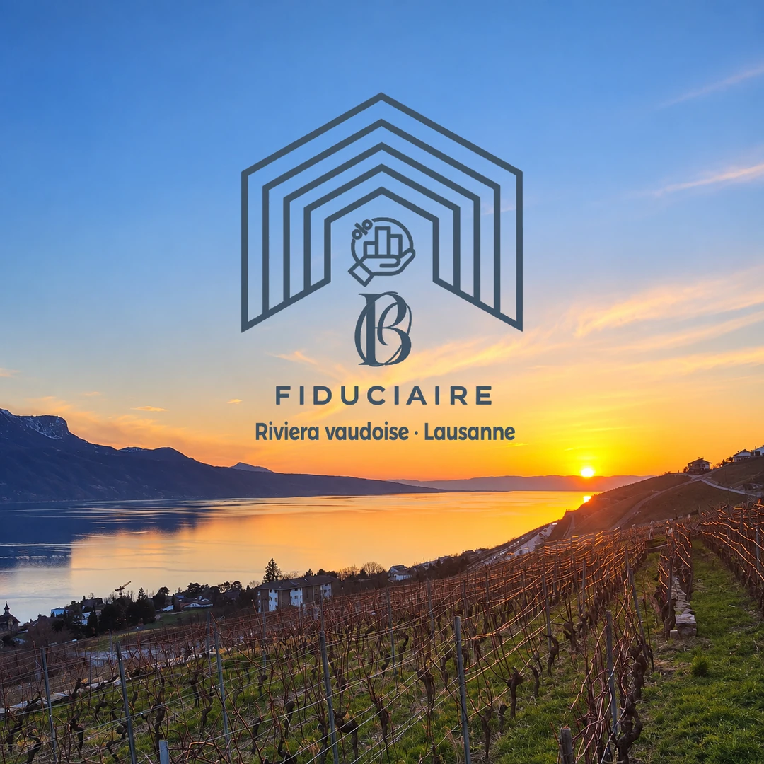 BO Fiduciaire, Riviera vaudoise et Lausanne : logo sur les vignes et le Léman au coucher du soleil.