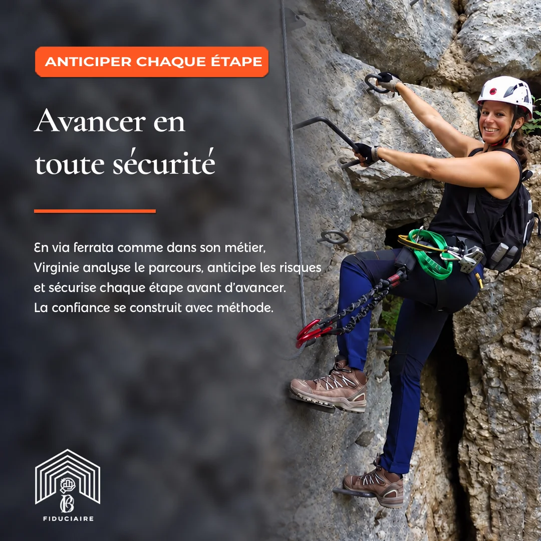 Virginie sur un parcours de via ferrata. Texte disponible dans « Lire les textes du carrousel ».
