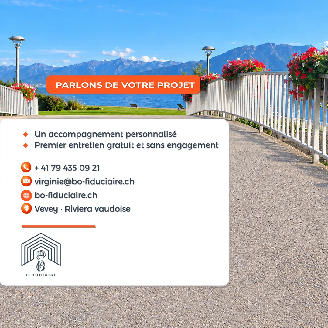 Coordonnées de BO Fiduciaire Vevey sur un panorama de la Riviera vaudoise. Texte disponible dans « Lire les textes du carrousel ».
